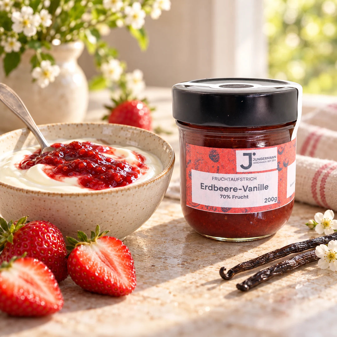 Serviervorschlag: Naturjoghurt mit Erdbeere-Vanille Fruchtaufstrich in einer Keramikschale neben dem Glas und frischen Erdbeeren