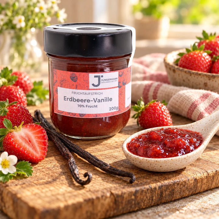 Nahaufnahme: Erdbeere-Vanille Fruchtaufstrich mit fruchtiger Konsistenz auf einem Keramiklöffel vor dem Originalglas