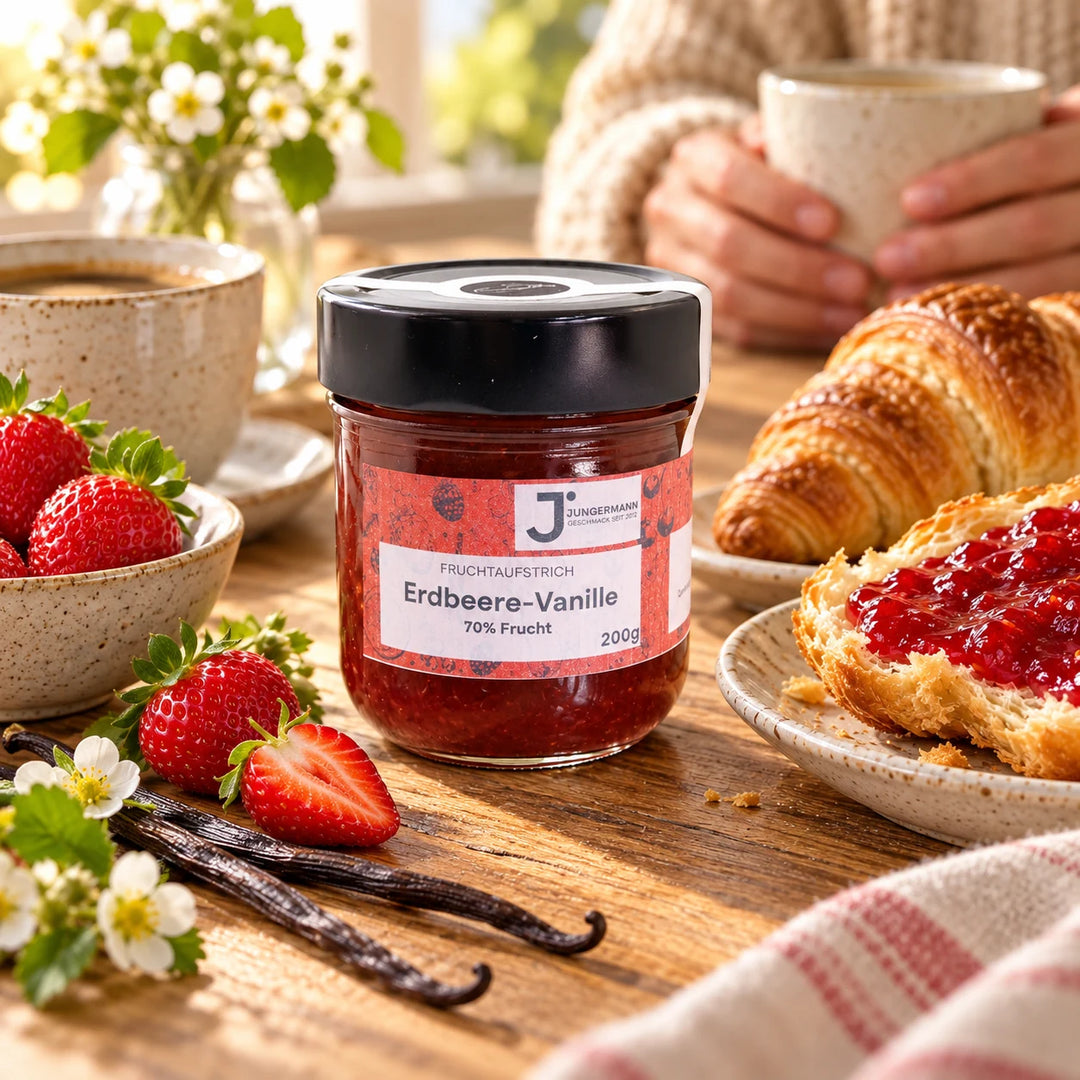 Frühstückstisch mit Erdbeere-Vanille Fruchtaufstrich, bestrichenem Buttercroissant, Kaffee und frischen Erdbeeren