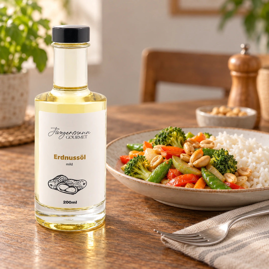 Reis mit Gemüse und Erdnüssen neben der Originalflasche Erdnussöl als Serviervorschlag.