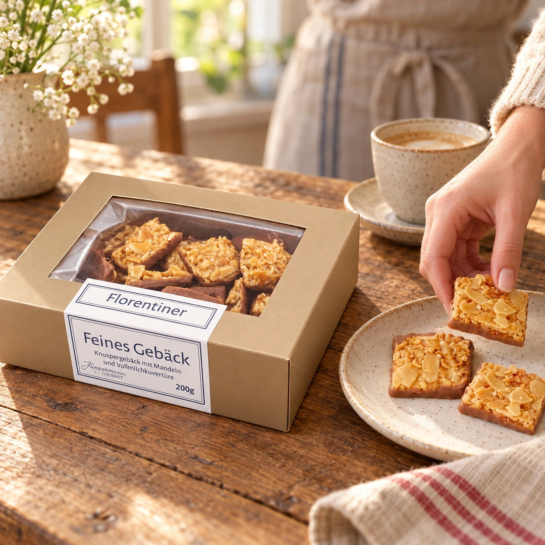 Eine Hand serviert Florentiner neben der Originalschachtel von Jungermann Gourmet auf einem Holztisch.