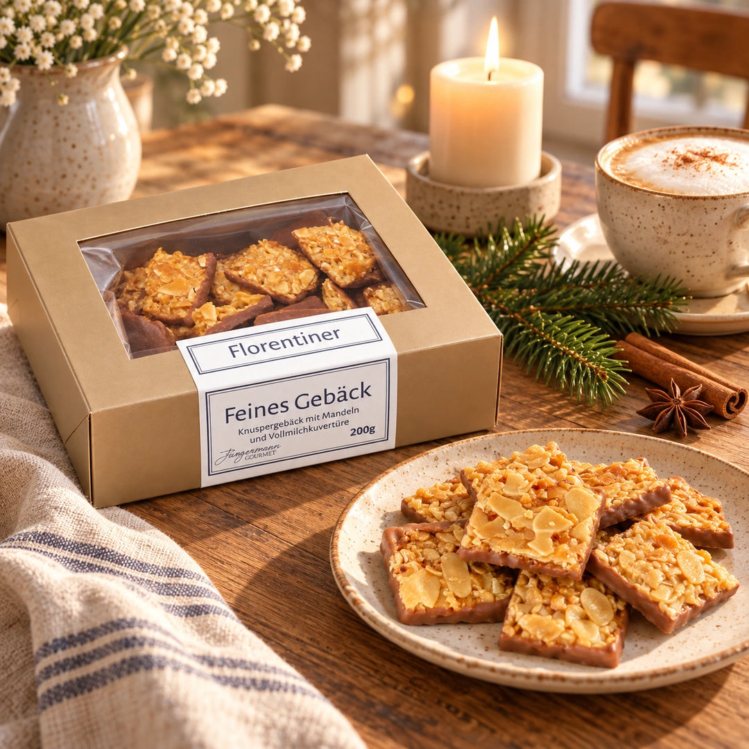 Florentiner von Jungermann Gourmet auf einer Adventstafel mit Gebäck, Heißgetränk, Kerze und Tannenzweig.