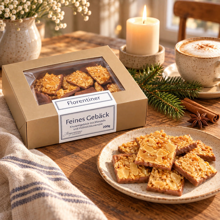 Florentiner von Jungermann Gourmet auf einer Adventstafel mit Gebäck, Heißgetränk, Kerze und Tannenzweig.