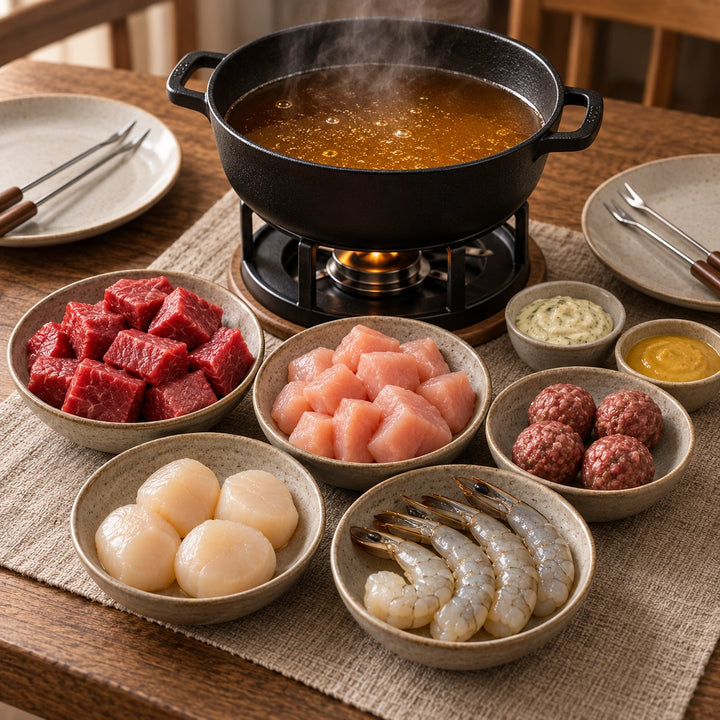 Fondue-Box als Serviervorschlag mit Würzsud, Rinderfilet, Geflügel, Hackbällchen, Jakobsmuscheln, Garnelen und ausgewählten Dips.