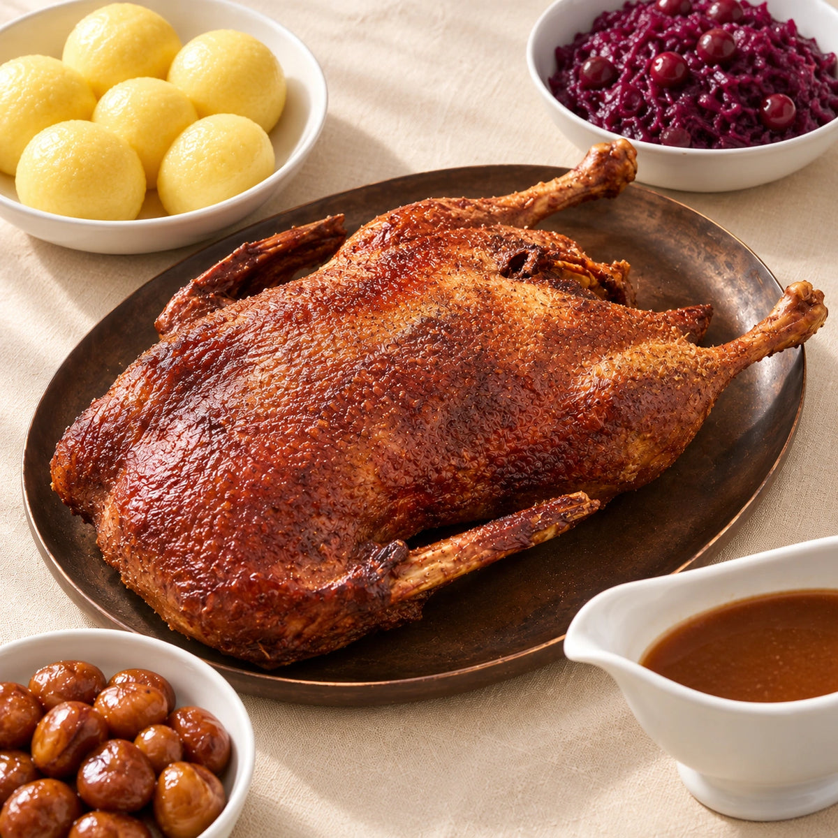Gans to go mit knuspriger Haut, Kartoffelklößen, Kirschrotkohl, glasierten Maronen und Gänsejus als Serviervorschlag.