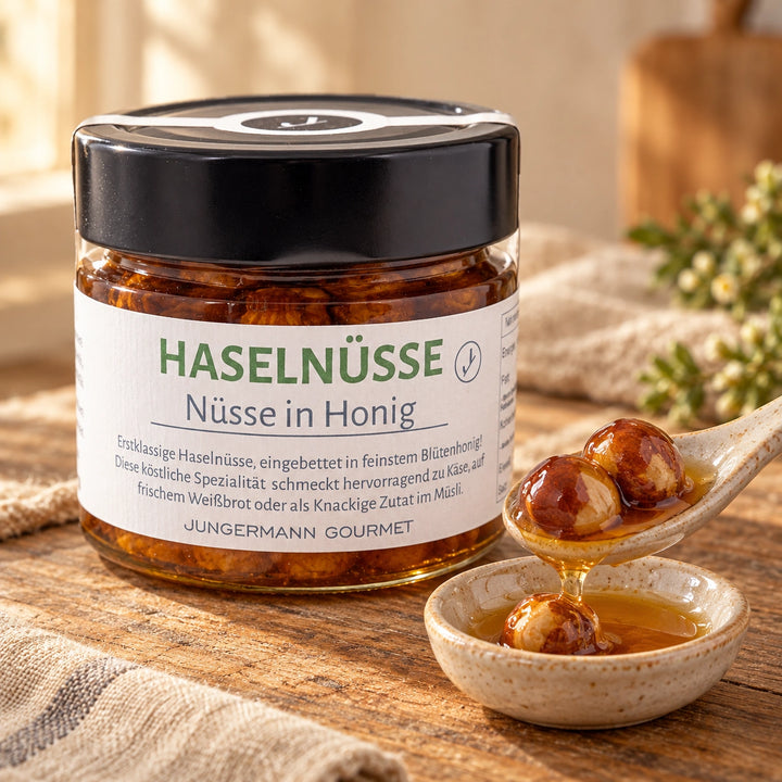 Haselnüsse in Honig im Originalglas neben einem Keramiklöffel mit ganzen Haselnüssen und bernsteinfarbenem Honig.