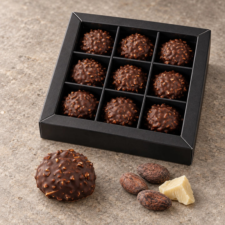 Haselnuss-Pralinen von Jungermann Gourmet in der schwarzen Neuner-Schachtel mit einer ganzen Praline, Kakaobohnen und einem Stück Kakaobutter