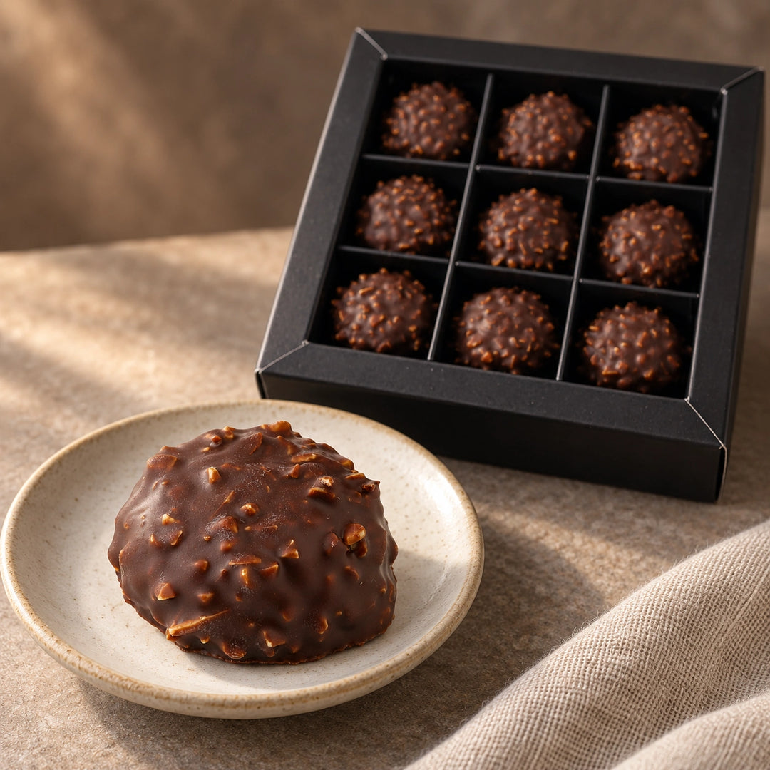 Ganze Haselnuss-Praline von Jungermann Gourmet mit sichtbarer Schokoladenstruktur und Nussstückchen auf einer hellen Untertasse, dahinter die schwarze Neuner-Schachtel