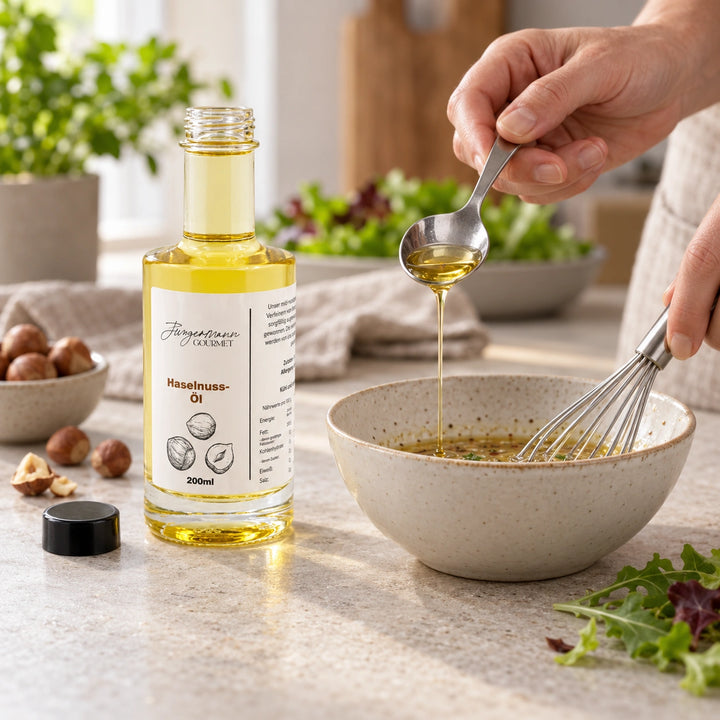 Haselnussöl in der 200-ml-Originalflasche neben einer Schale, in der Öl vom Löffel in eine Vinaigrette eingerührt wird.