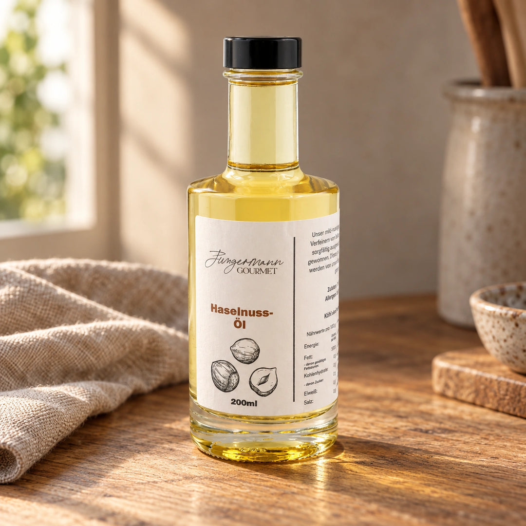 Haselnussöl in der originalen 200-ml-Flasche auf einem Holztisch mit Leinentuch.