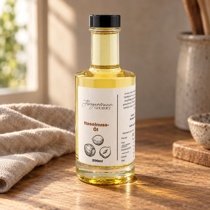 Haselnussöl in der originalen 200-ml-Flasche auf einem Holztisch mit Leinentuch.