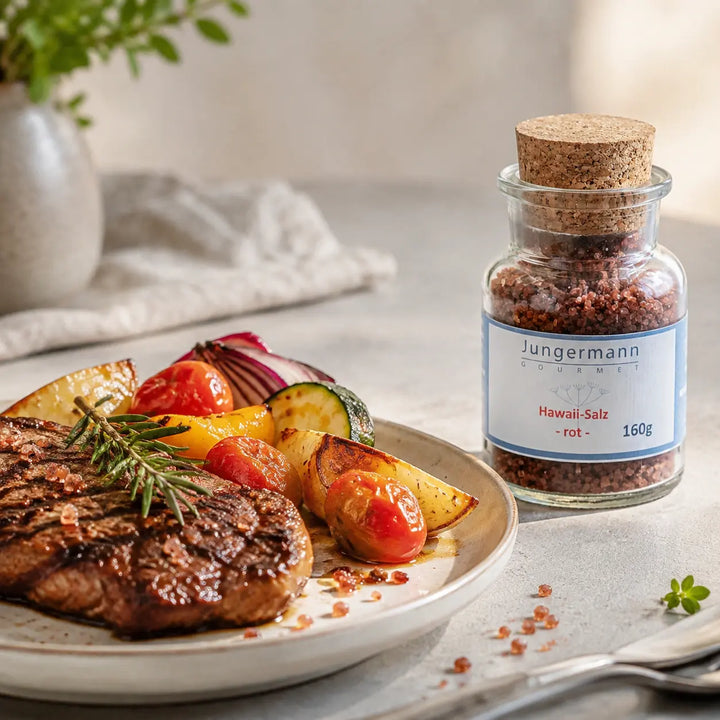 Gegrilltes Steak mit roten Hawaii-Salzkristallen neben dem originalen Korkglas