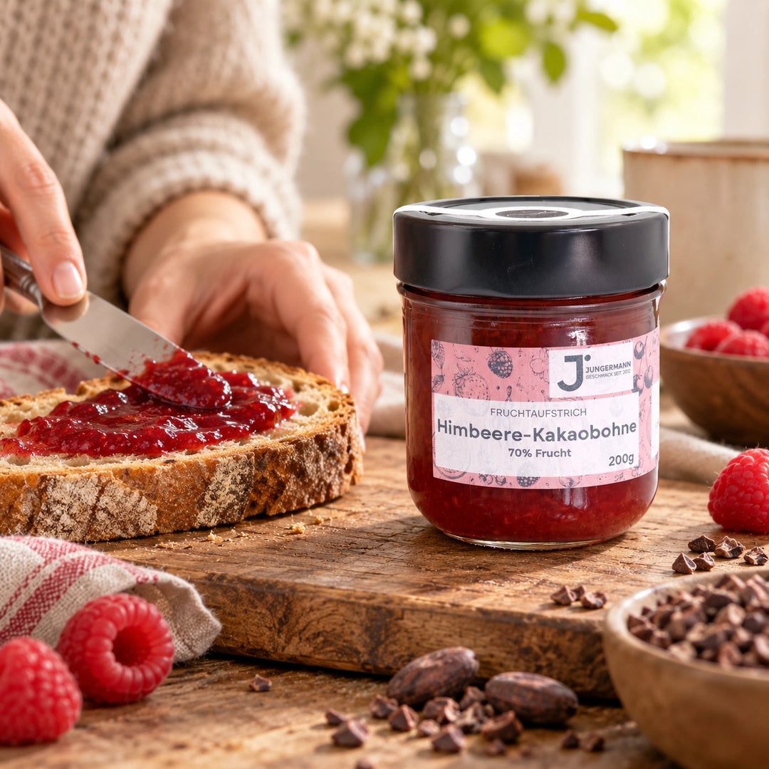 Eine Hand streicht roten Fruchtaufstrich auf eine Brotscheibe; daneben steht das Glas Himbeere-Kakaobohne mit sichtbarem rosa Etikett.