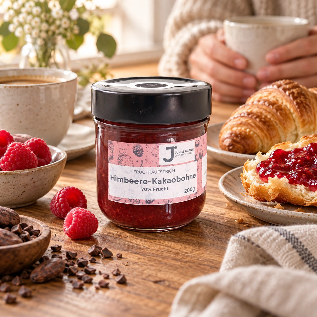 Himbeere-Kakaobohne-Aufstrich im Glas auf einem Frühstückstisch mit Croissant, zwei Kaffeetassen und Leinentuch.