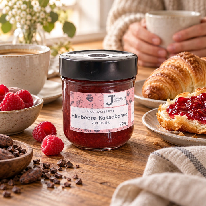 Himbeere-Kakaobohne-Aufstrich im Glas auf einem Frühstückstisch mit Croissant, zwei Kaffeetassen und Leinentuch.