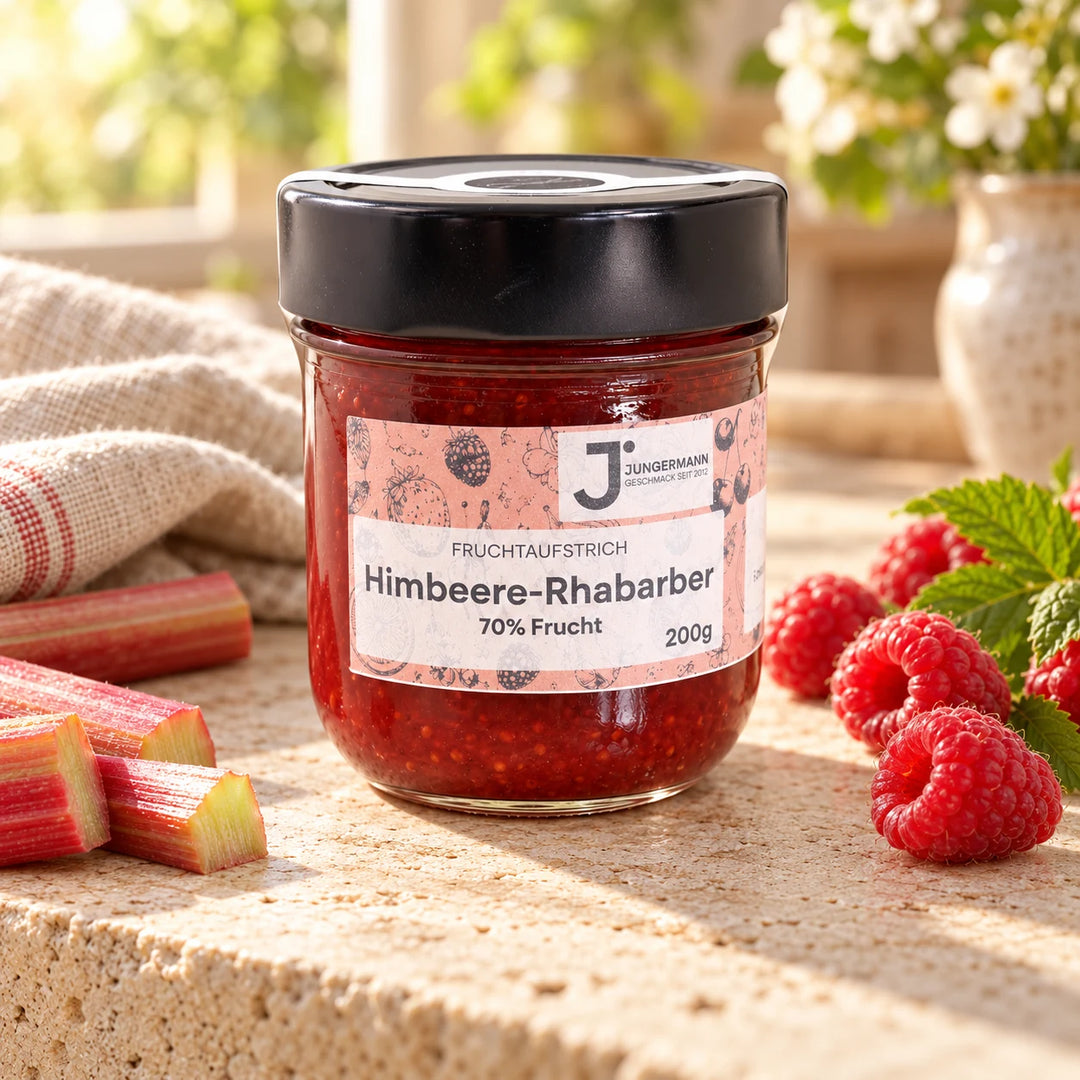 Himbeere-Rhabarber Fruchtaufstrich von Jungermann Gourmet im 200-g-Glas auf hellem Naturstein mit frischen Himbeeren und Rhabarberstücken