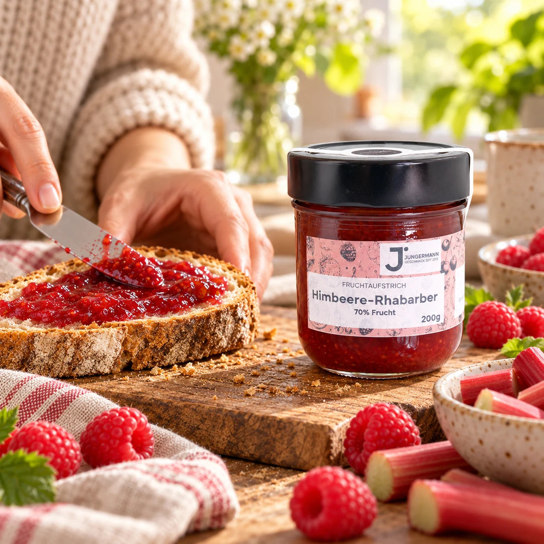 Eine Hand streicht Himbeere-Rhabarber Fruchtaufstrich auf eine Scheibe Bauernbrot, neben dem Originalglas und frischen Himbeeren