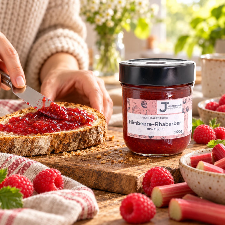 Eine Hand streicht Himbeere-Rhabarber Fruchtaufstrich auf eine Scheibe Bauernbrot, neben dem Originalglas und frischen Himbeeren