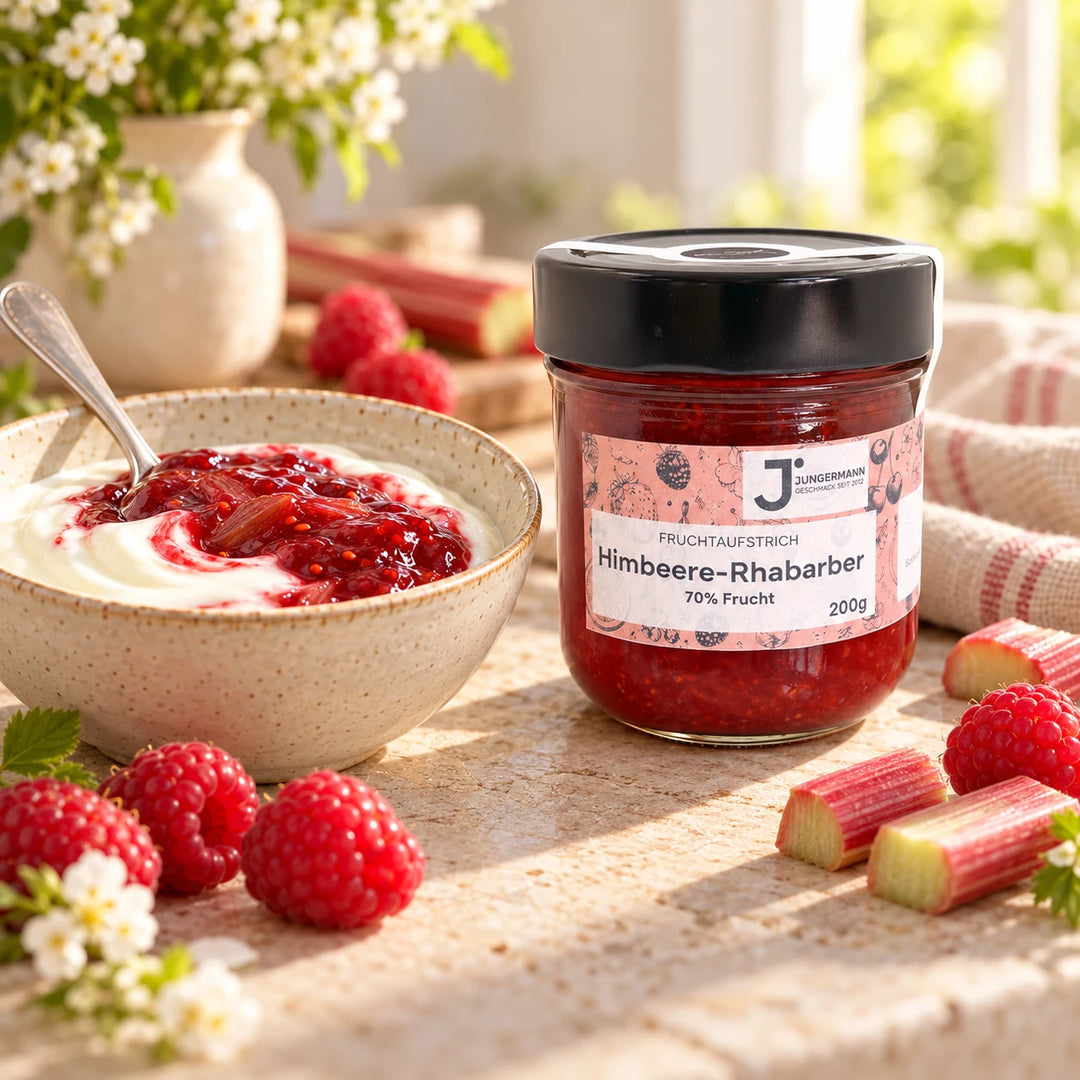 Serviervorschlag: Naturjoghurt mit Himbeere-Rhabarber Fruchtaufstrich in einer Keramikschale neben dem Glas und frischen Himbeeren