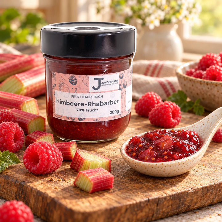 Nahaufnahme: Himbeere-Rhabarber Fruchtaufstrich mit fruchtiger Konsistenz auf einem Keramiklöffel vor dem Originalglas