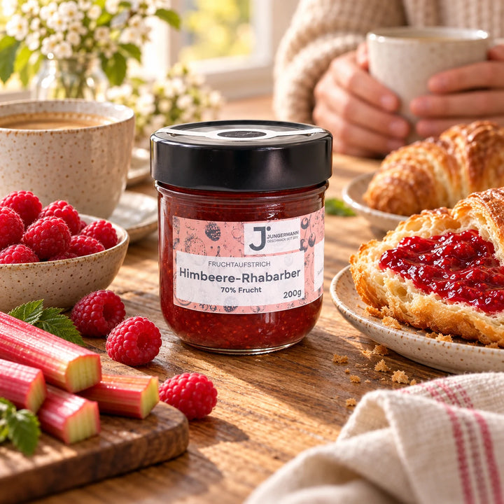 Frühstückstisch mit Himbeere-Rhabarber Fruchtaufstrich, bestrichenem Buttercroissant, Kaffee und frischen Himbeeren