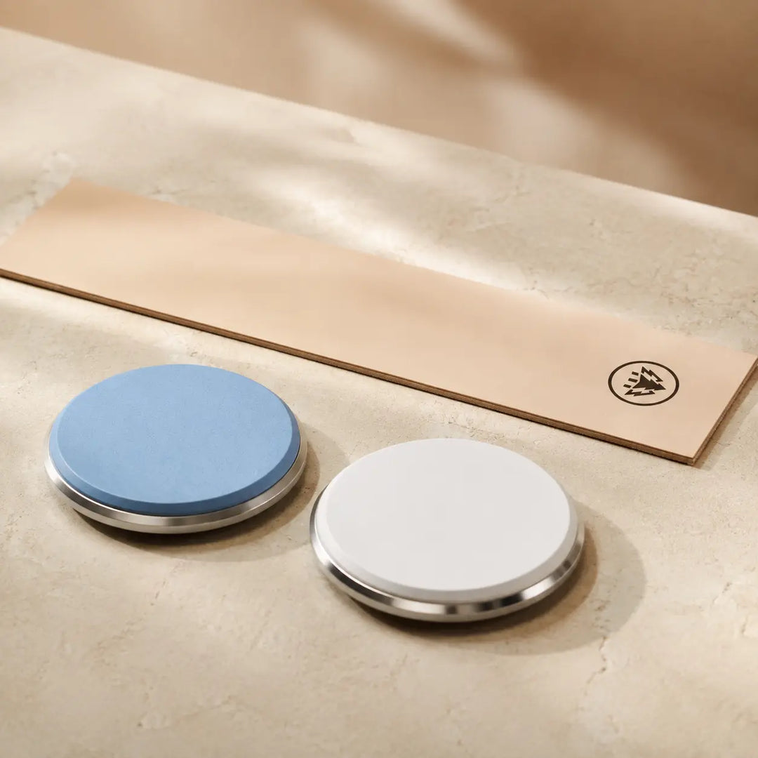 HORL3 Premium Schärfpaket mit blauer und weißer Schleifscheibe sowie Lederstreifen