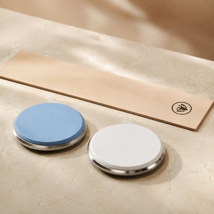 HORL3 Premium Schärfpaket mit blauer und weißer Schleifscheibe sowie Lederstreifen