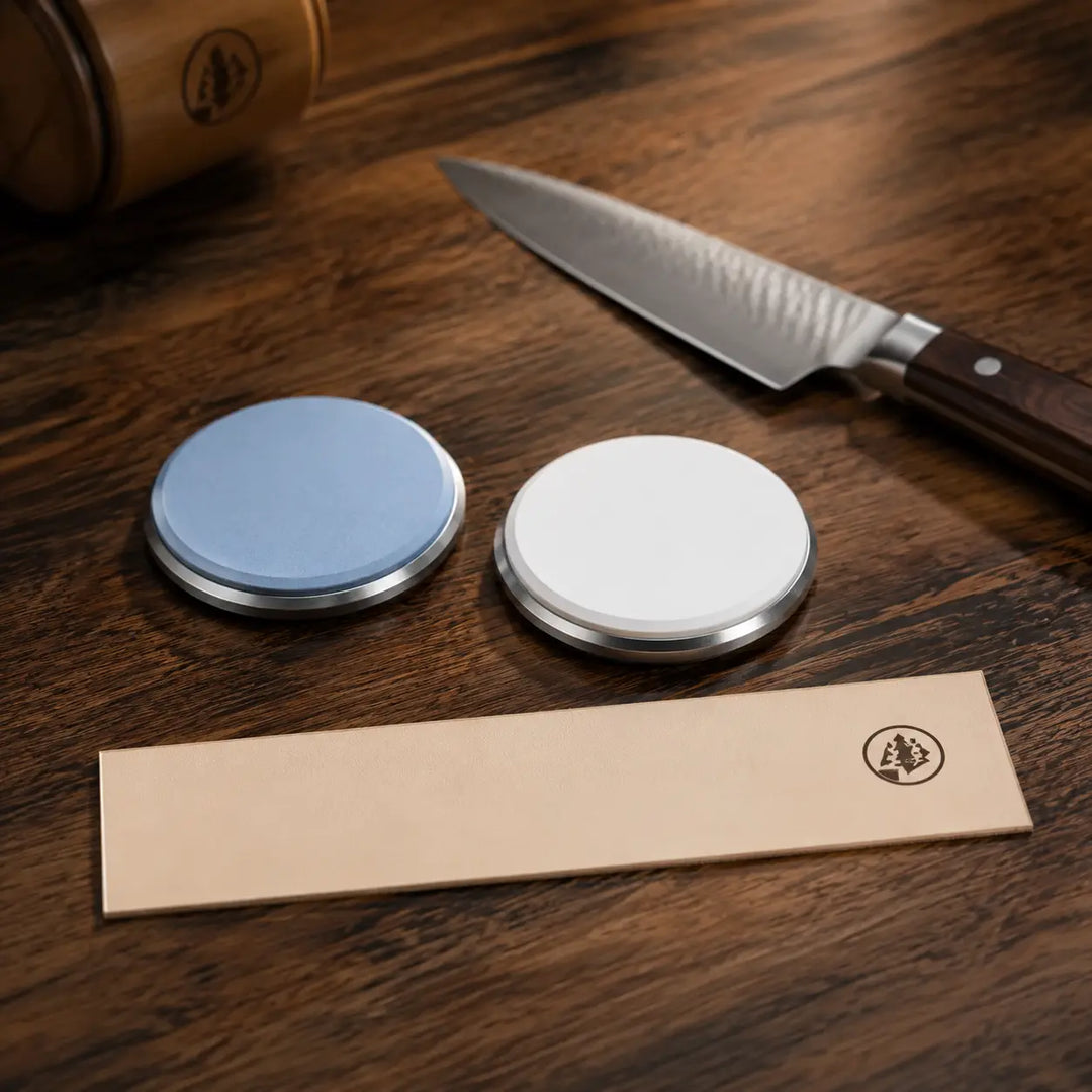 HORL3 Premium Schärfpaket vollständig neben einem Küchenmesser arrangiert