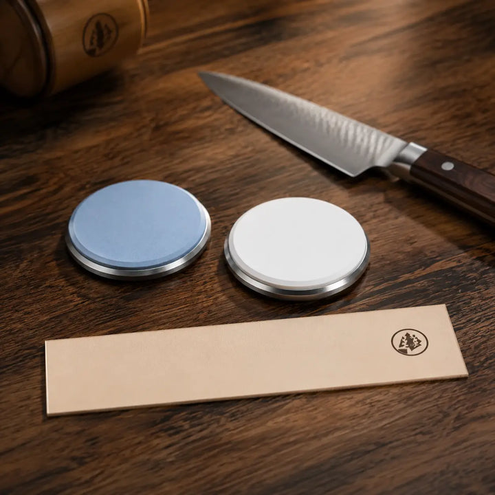 HORL3 Premium Schärfpaket vollständig neben einem Küchenmesser arrangiert