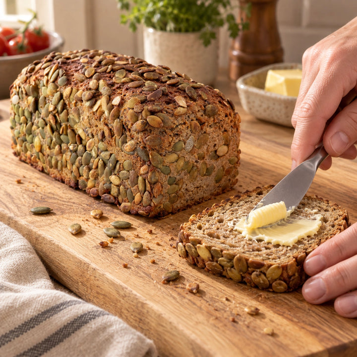 Hüttenbrot mit Kürbiskernkruste neben einer Brotscheibe, die mit einem Messer mit Butter bestrichen wird.