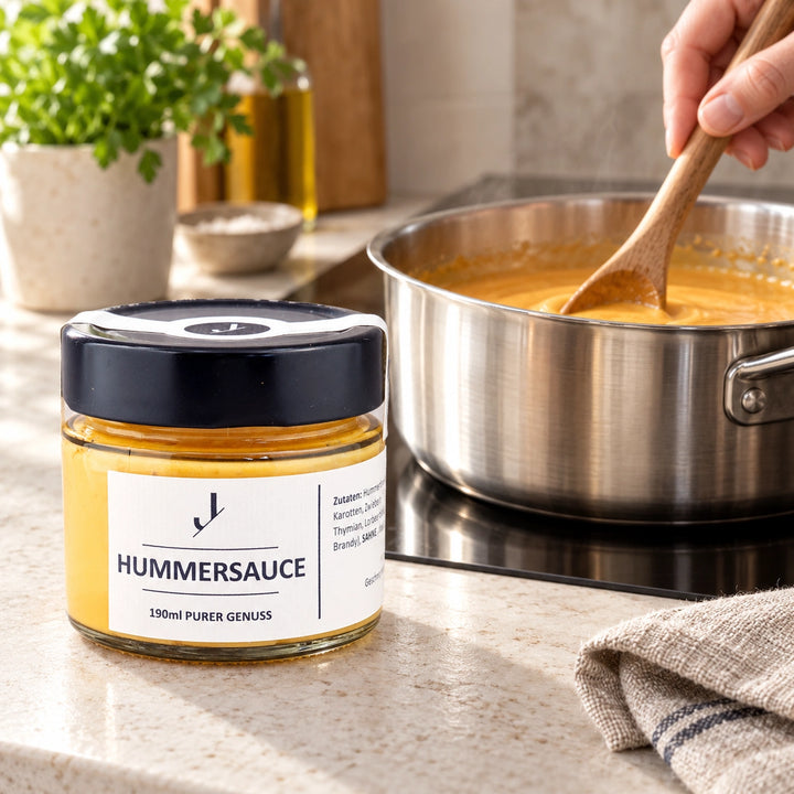 Hummersauce im 190-ml-Originalglas neben einem Topf, in dem die Sauce mit einem Holzlöffel umgerührt wird.