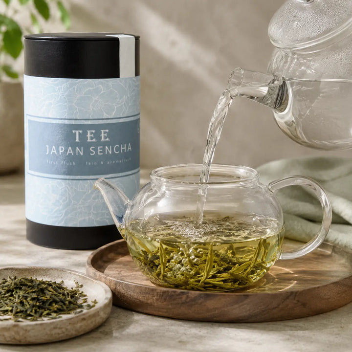 Japan Sencha Tee wird mit heißem Wasser in einer Glasteekanne aufgegossen