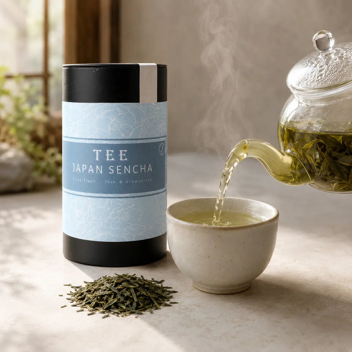 Hellgrüner Japan Sencha Tee wird aus einer Glaskanne in eine Keramiktasse gegossen