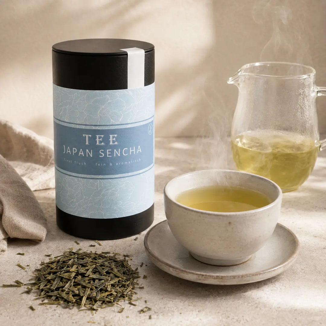 Japan Sencha Tee mit dampfender Tasse, Glaskanne und losen grünen Teeblättern