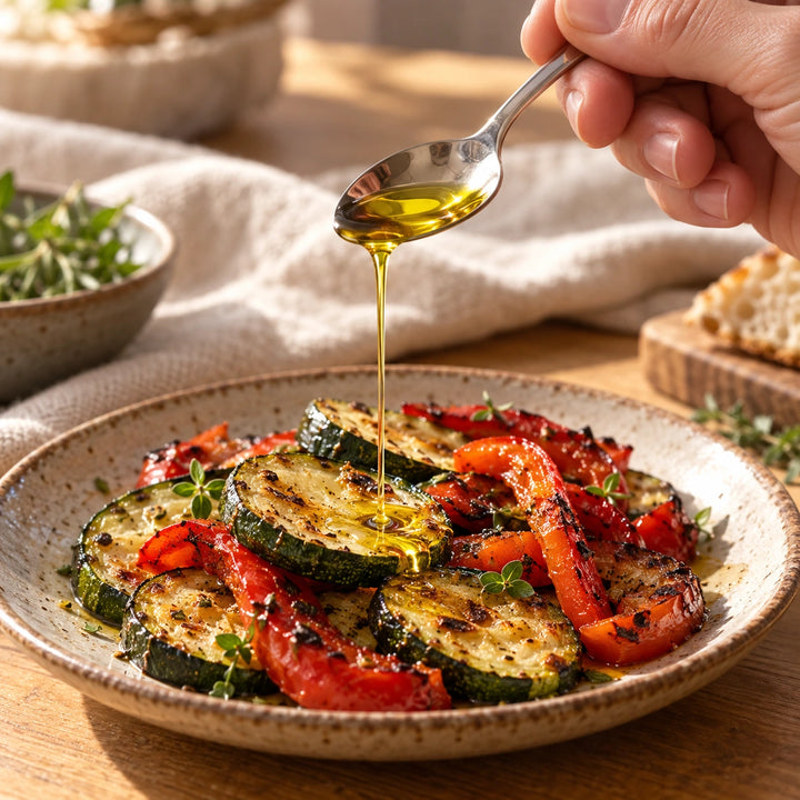 Serviervorschlag: Eine Hand gibt einen feinen Faden Chili-Essenzöl über geröstete Zucchini und Paprika.