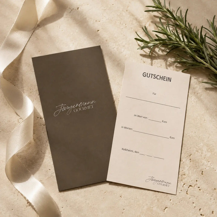 Jungermann Gourmet Geschenk-Gutschein mit Hülle Schleifenband und Rosmarin