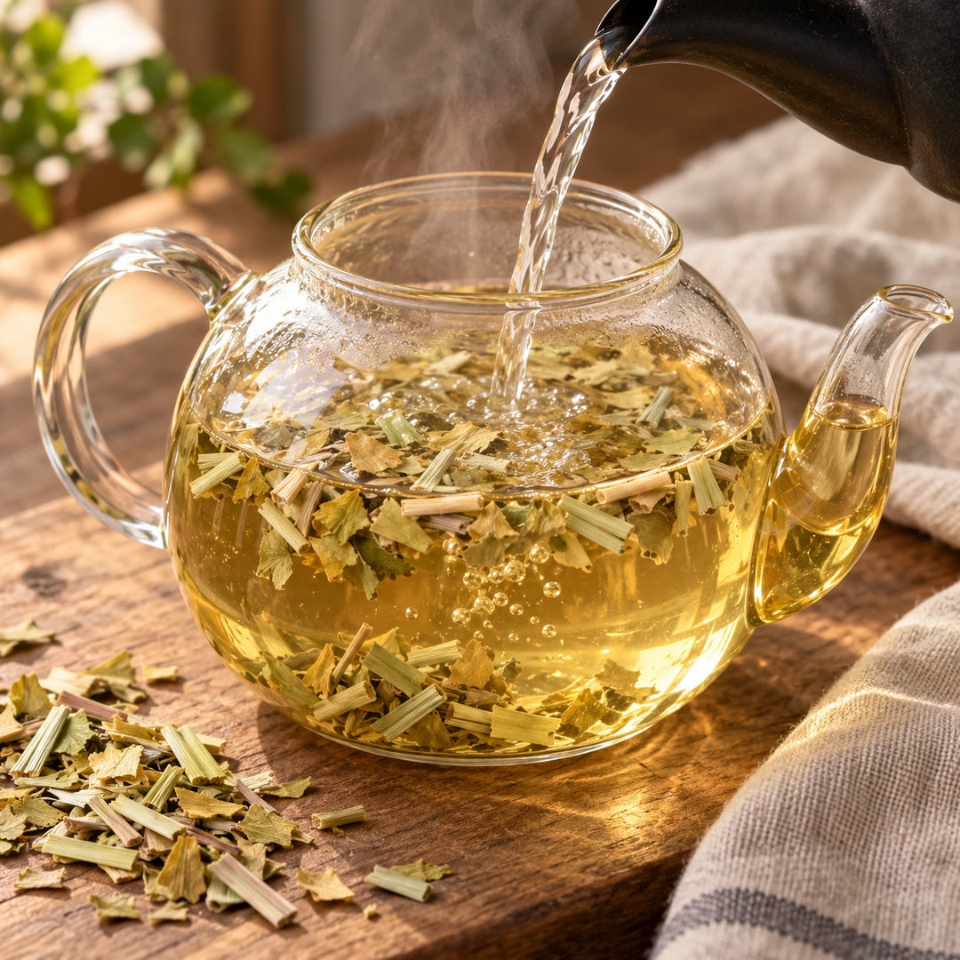 Gingko-Lemon-Tee mit sichtbaren Kräuterstücken wird in einer Glaskanne aufgegossen.
