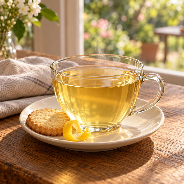 Serviervorschlag: Hellgoldener Gingko-Lemon-Tee in einer Glastasse mit einer Zitronenzeste und einem Butterkeks.
