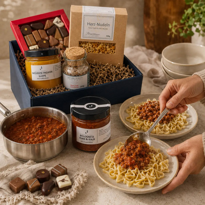 Herz-Nudeln mit Bolognese aus der Jungermann Gourmet Geschenkbox Abend zu zweit
