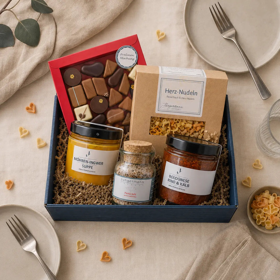 Inhalt der Geschenkbox Abend zu zweit von Jungermann Gourmet in Draufsicht
