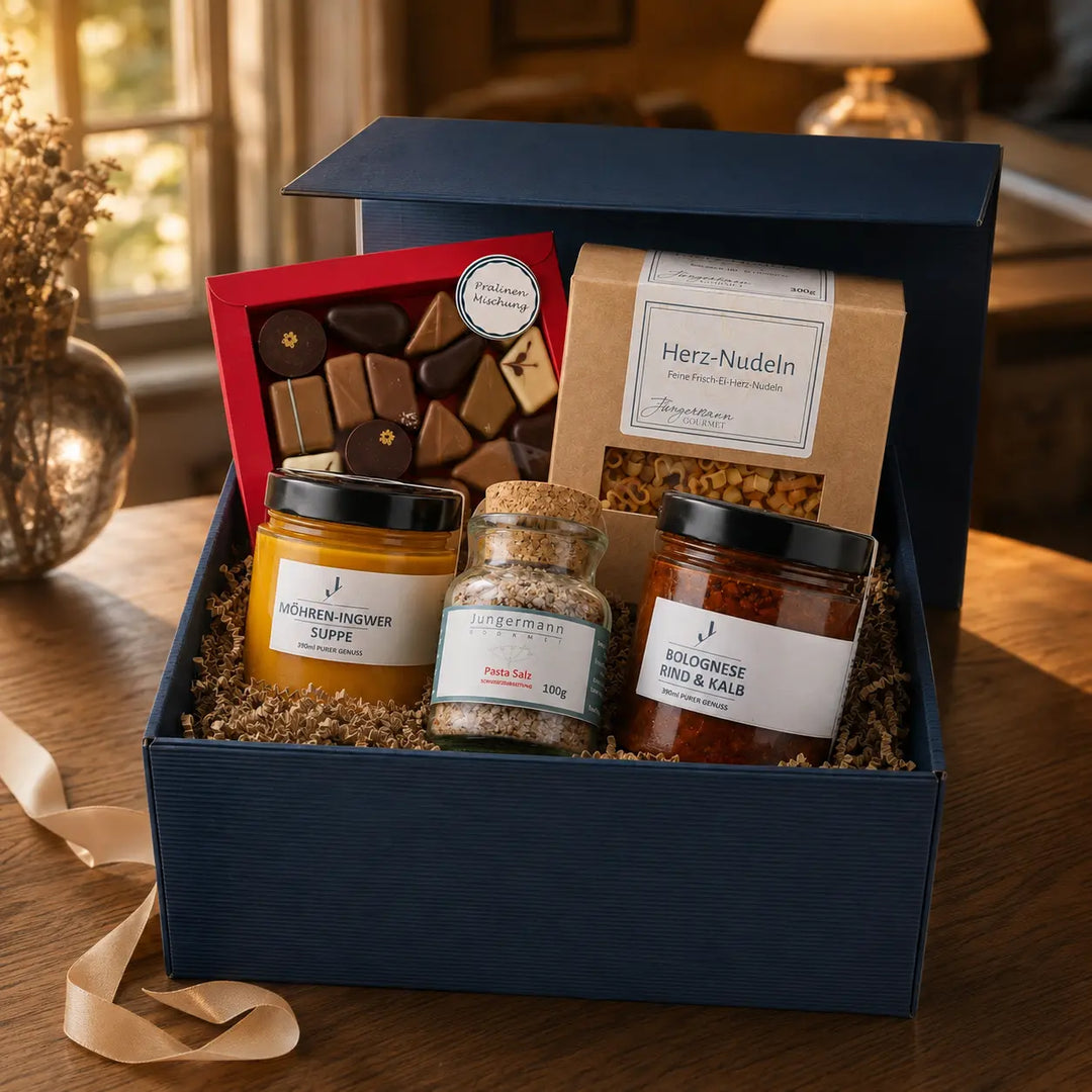 Geöffnete Geschenkbox Abend zu zweit von Jungermann Gourmet im warmen Geschenkambiente