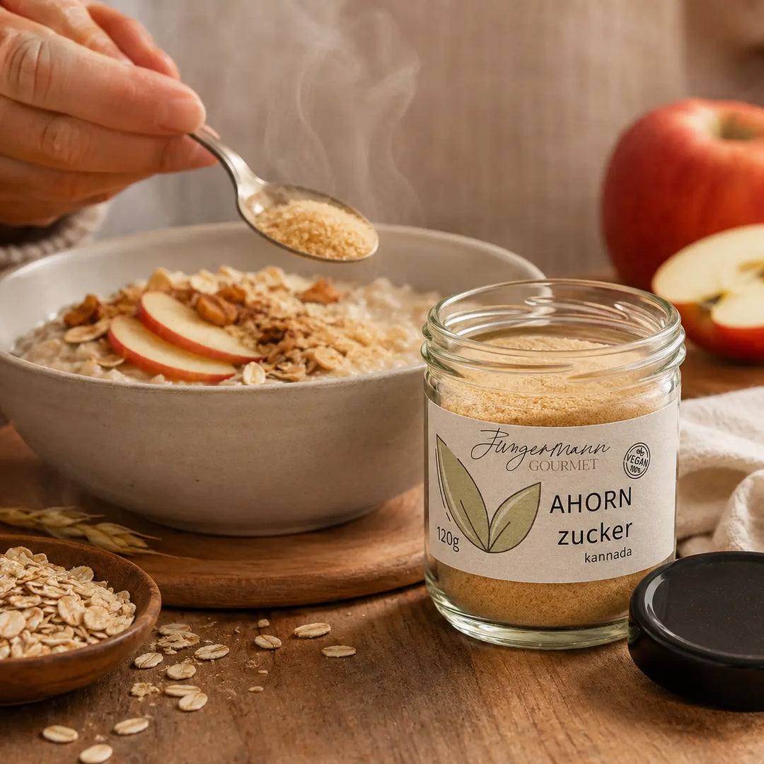 Ahorn-Zucker von Jungermann Gourmet als Topping auf warmem Apfel-Porridge