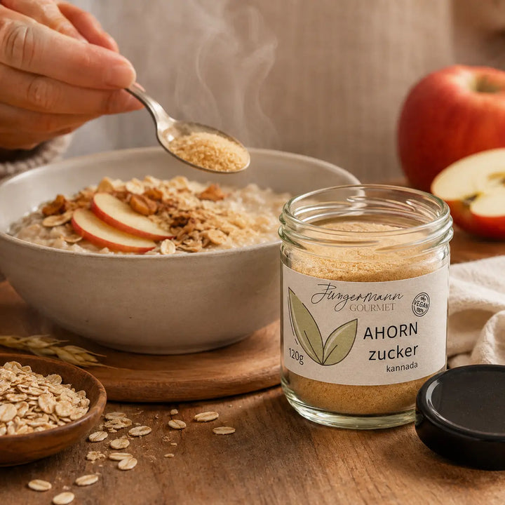Ahorn-Zucker von Jungermann Gourmet als Topping auf warmem Apfel-Porridge
