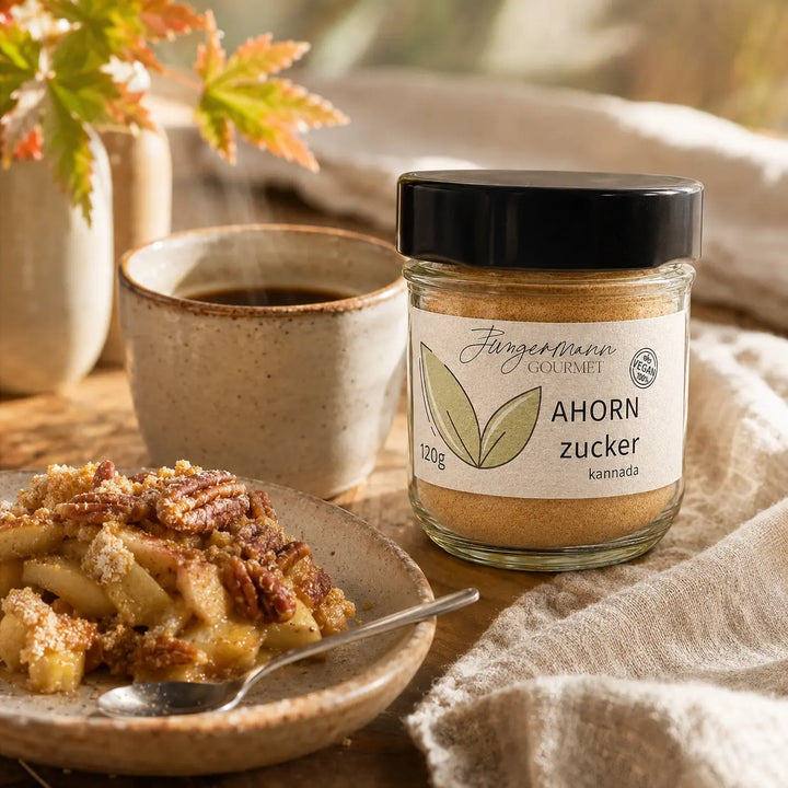 Ahorn-Zucker mit Kaffee und warmem Apfel-Pekannuss-Dessert im Morgenlicht