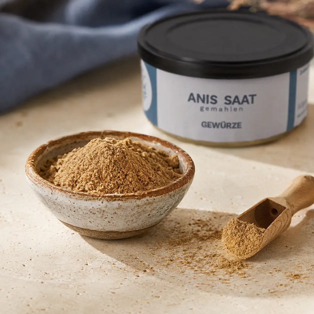 Fein gemahlene Anis-Saat in Keramikschale neben der Jungermann Gourmet Gewürzdose