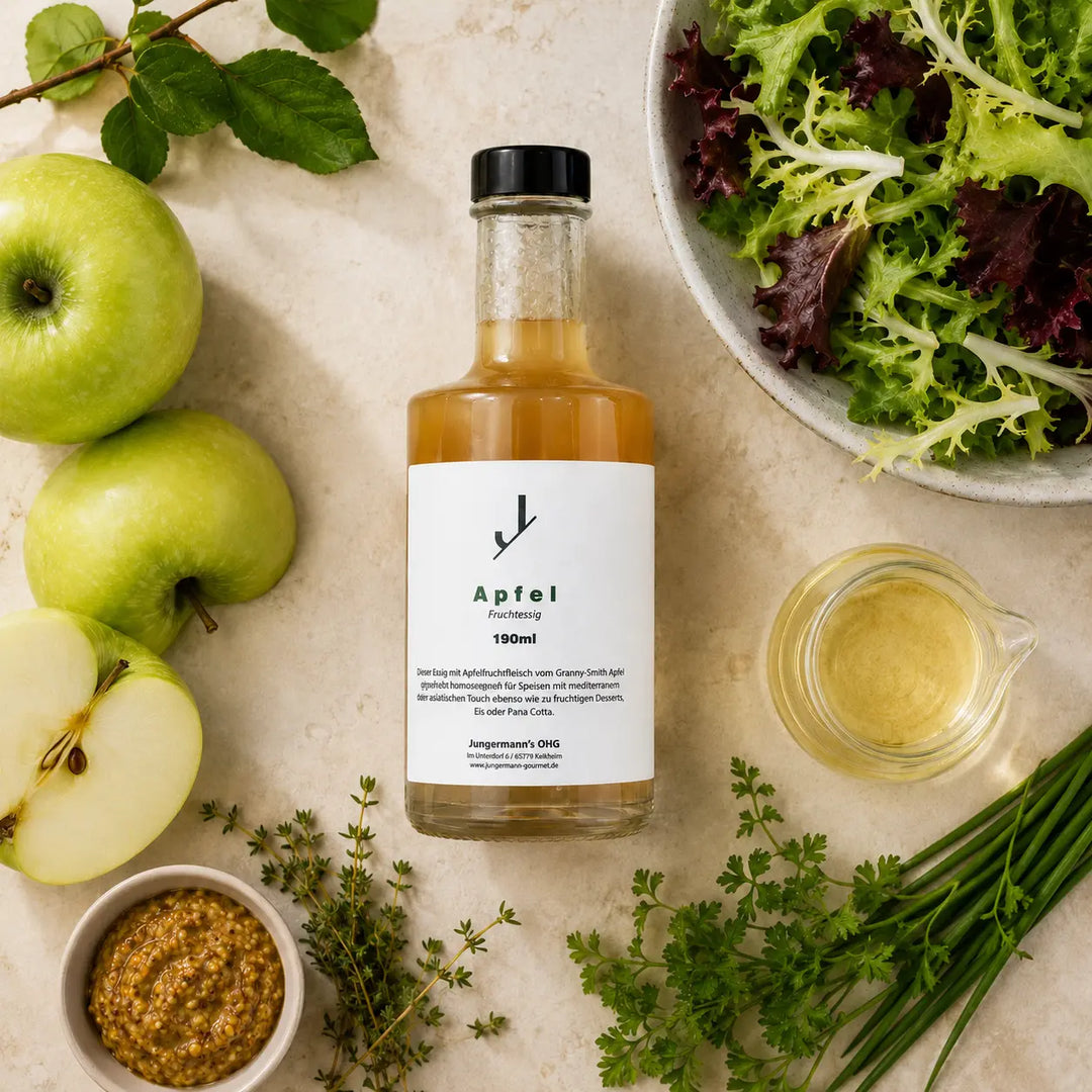 Apfel Essig von Jungermann Gourmet mit Zutaten für ein fruchtiges Salatdressing