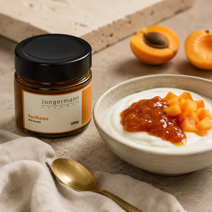 Naturjoghurt mit Aprikosen Aufstrich von Jungermann Gourmet und Aprikosenstücken