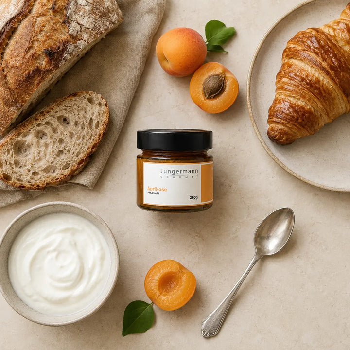 Frühstück mit Aprikosen Aufstrich von Jungermann Gourmet, Brot, Croissant und Joghurt