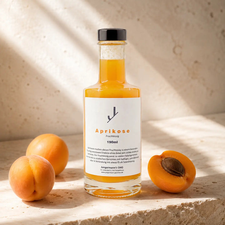 Aprikosen Essig von Jungermann Gourmet in der Glasflasche mit reifen Aprikosen