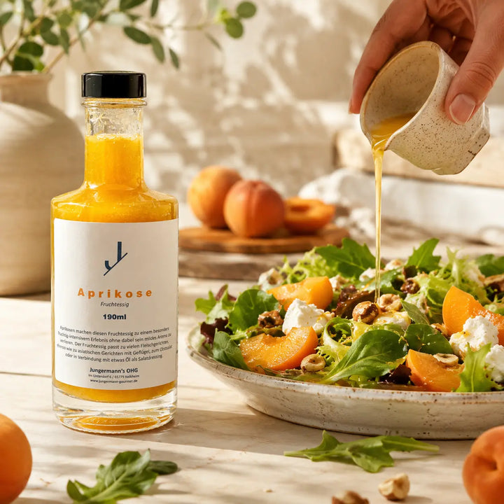Blattsalat mit Aprikosen, Käse und Dressing aus Jungermann Gourmet Aprikosen Essig